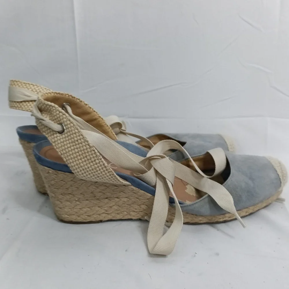 Vionic Womens 9.5 Blue Suede Lace Up Ankle Tie Espadrille Wedge Sandals s8